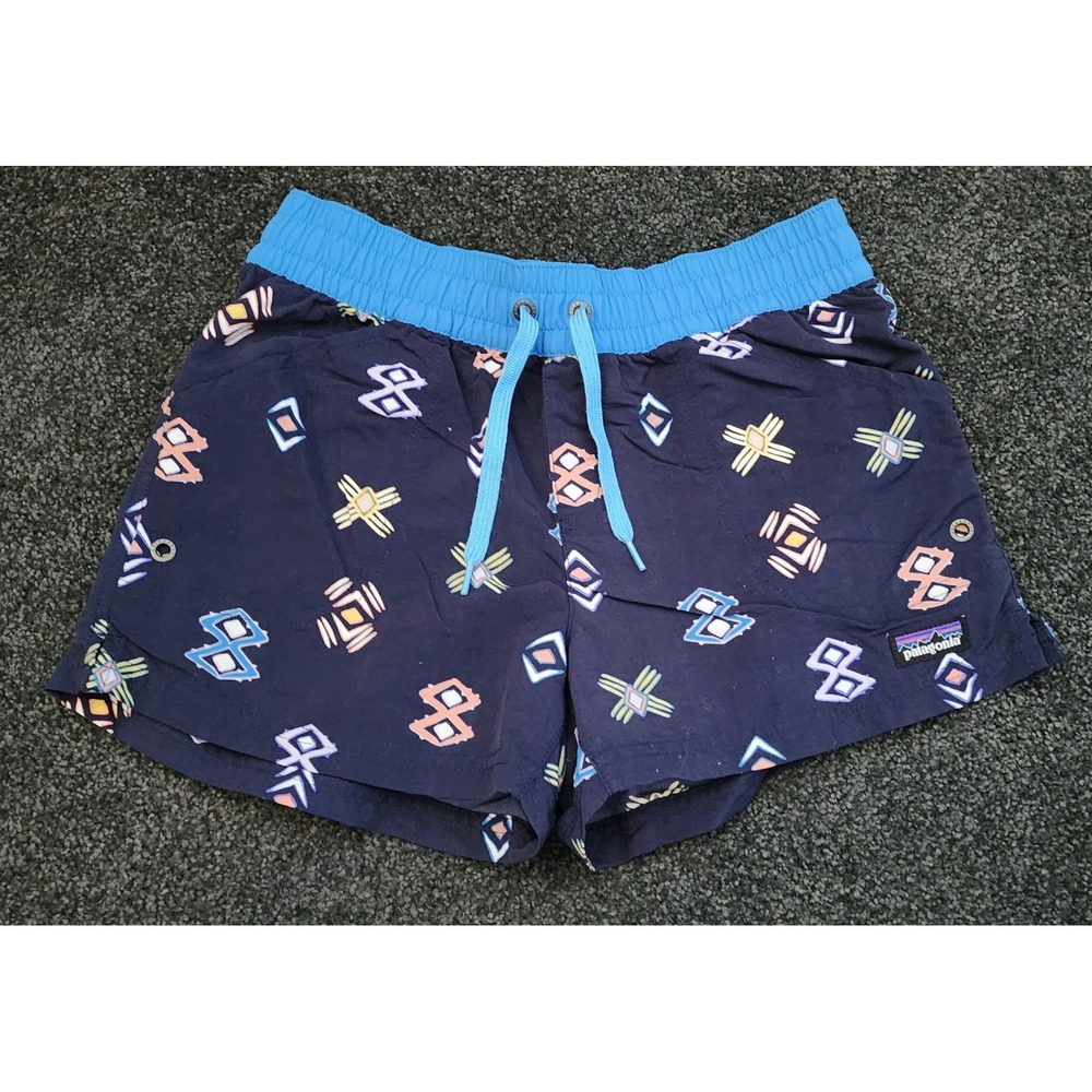 Patagonia‎ Girls XL Shorts Geometric Print Blue Drawstring Unlined w/ Pockets